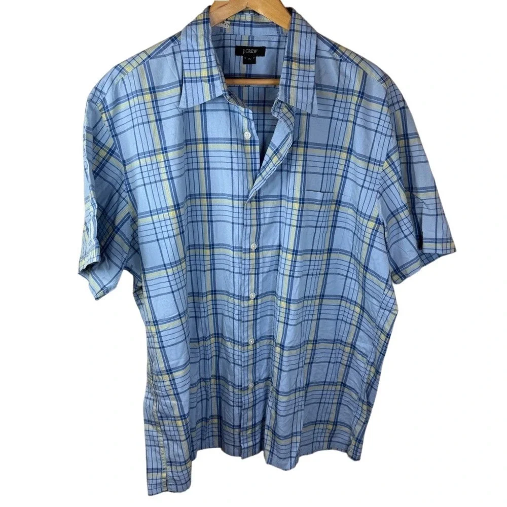 J.Crew Mens Short Sleeve‎ XL Button Down Collared Plaid Shirt Business Casual